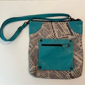Vintage Maurizio Taiuti Italian Leather Teal/Newspaper Print Handbag Purse
